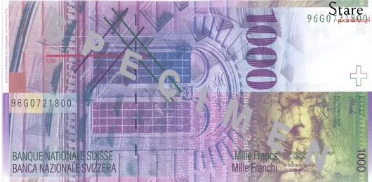 Tył banknotu 1000 franków szwajcarskich 8 serii