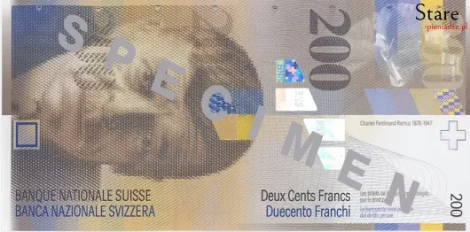 Przód banknotu 200 franków szwajcarskich 8 serii