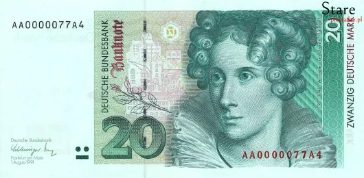 Przód banknotu 20 marek niemieckich seria BBk III