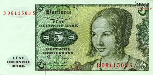 Przód banknotu 5 marek niemieckich seria BBk I