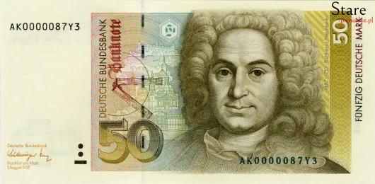 Przód banknotu 50 marek niemieckich seria BBk III