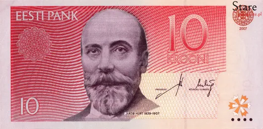 Przód banknotu 10 koron estońskich 2007 r.