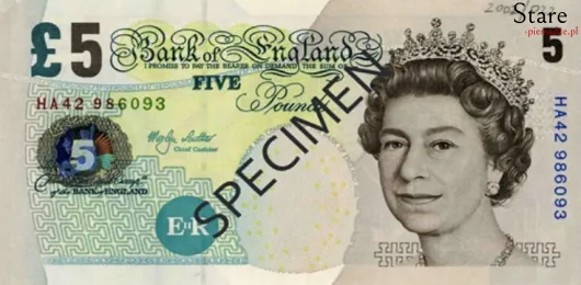 Przód banknotu 5 funtów brytyjskich seria E