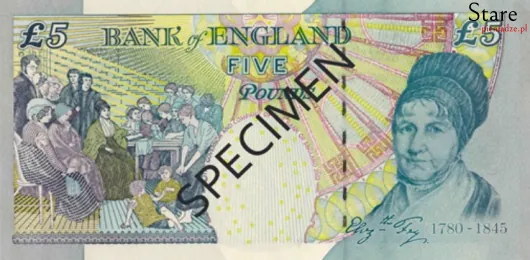 Tył banknotu 5 funtów brytyjskich seria E