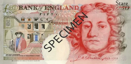 Tył banknotu 50 funtów brytyjskich seria E