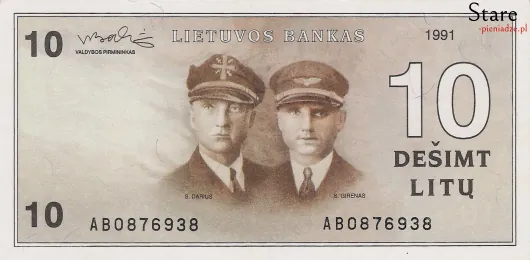Przód banknotu 10 litów litewskich 1991 r.