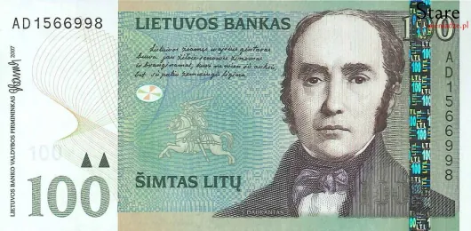Przód banknotu 100 litów litewskich 2007 r.