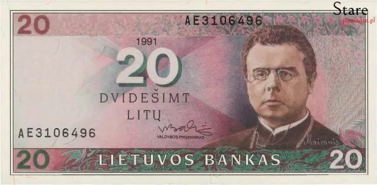 Przód banknotu 20 litów litewskich 1991 r.