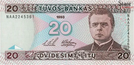 Przód banknotu 20 litów litewskich 1993 r.