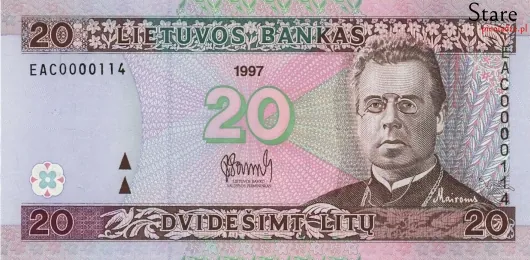Przód banknotu 20 litów litewskich 1997 r.