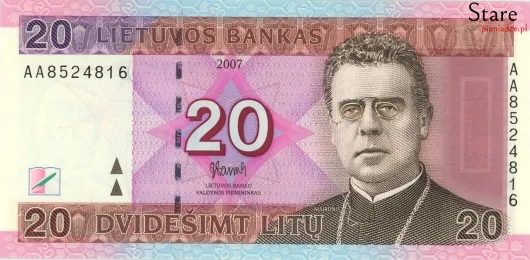 Przód banknotu 20 litów litewskich 2007 r.