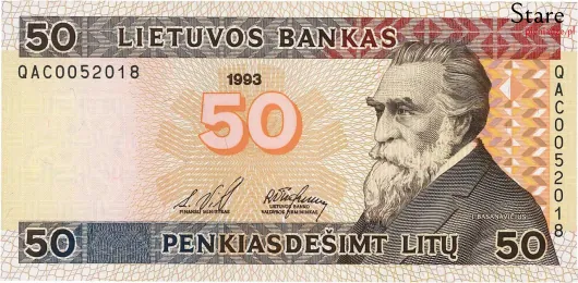 Przód banknotu 50 litów litewskich 1993 r.