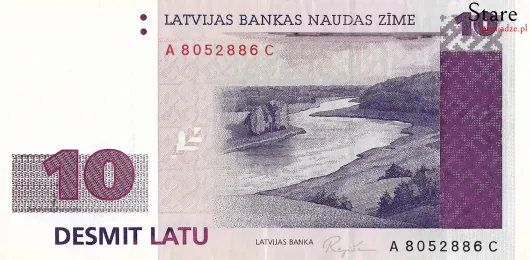 Przód banknotu 10 łatów łotewskich 1992 r.