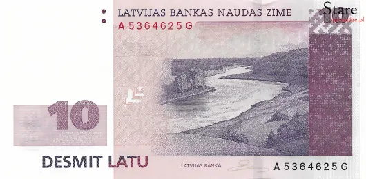 Przód banknotu 10 łatów łotewskich 2008 r.