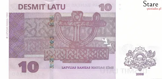 Tył banknotu 10 łatów łotewskich 2008 r.