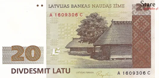 Przód banknotu 20 łatów łotewskich 1992 r.