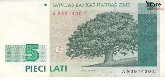 Przód banknotu 5 łatów łotewskich 1992 r.