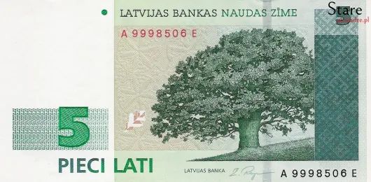 Przód banknotu 5 łatów łotewskich 1996 r.