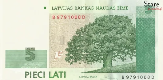 Przód banknotu 5 łatów łotewskich 2006 r.