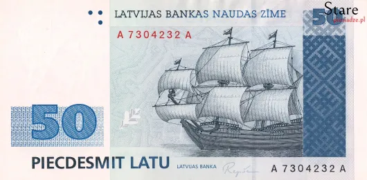 Przód banknotu 50 łatów łotewskich 1992 r.