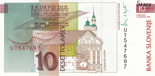 Tył banknotu 10 tolarów słoweńskich
